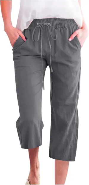 Women Cotton Linen Capris Pants Casual Summer 2025 Straight Wide Leg Loose Drawstring Elastic Waist Cropped Trouser