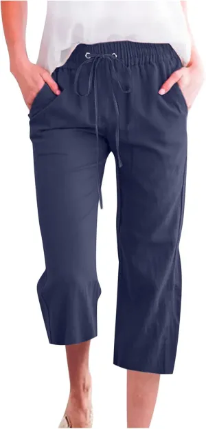 Women Cotton Linen Capris Pants Casual Summer 2025 Straight Wide Leg Loose Drawstring Elastic Waist Cropped Trouser