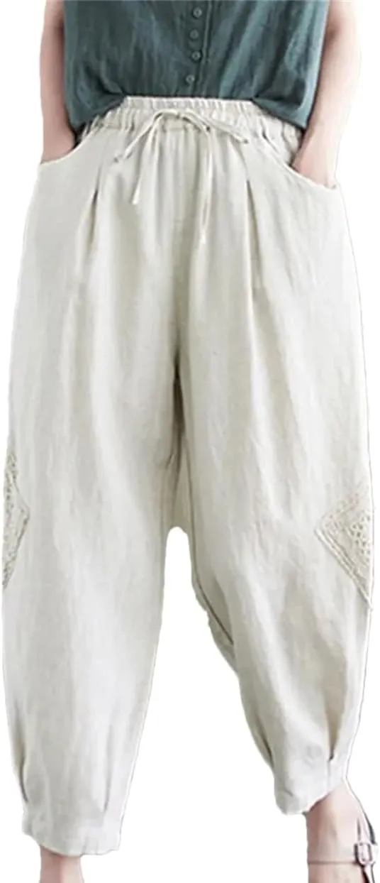 Women Cotton Linen Harem Pants Vintage Style Elastic Waist Loose Ankle-Length Casual Pants