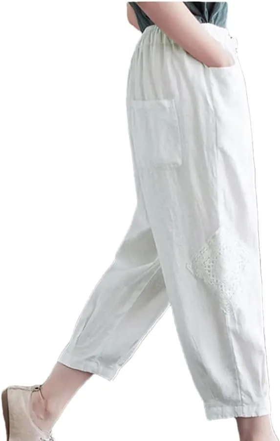 Women Cotton Linen Harem Pants Vintage Style Elastic Waist Loose Ankle-Length Casual Pants