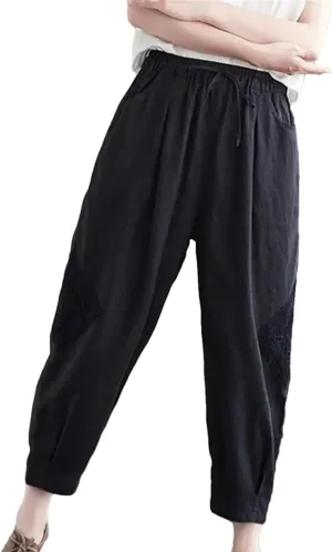 Women Cotton Linen Harem Pants Vintage Style Elastic Waist Loose Ankle-Length Casual Pants