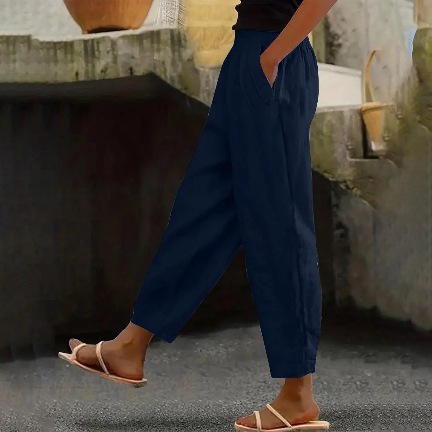 Women Cotton Linen Pant Solid Color Elastic Waist Slacks Straight Leg Comfy Pants Casual Lounge Trousers
