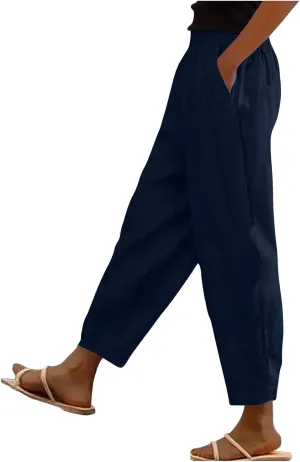 Women Cotton Linen Pant Solid Color Elastic Waist Slacks Straight Leg Comfy Pants Casual Lounge Trousers