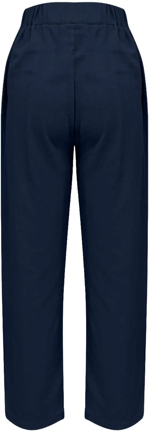 Women Cotton Linen Pant Solid Color Elastic Waist Slacks Straight Leg Comfy Pants Casual Lounge Trousers