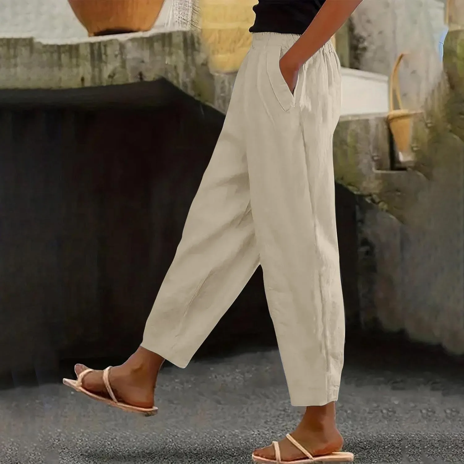Women Cotton Linen Pant Solid Color Elastic Waist Slacks Straight Leg Comfy Pants Casual Lounge Trousers