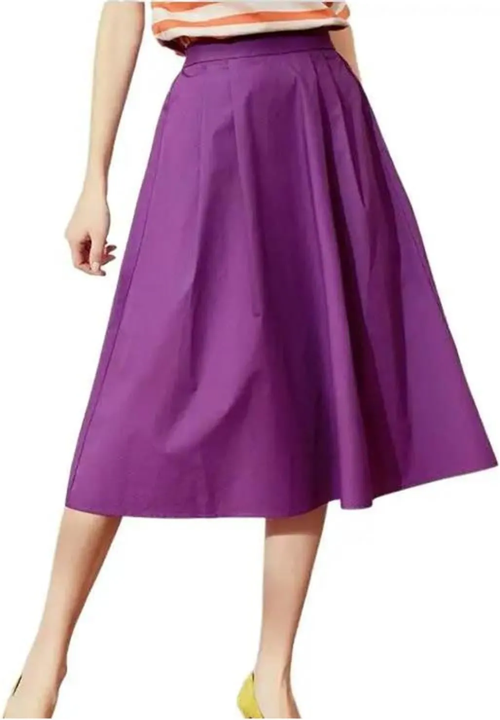 Women Cotton Midi Skirts Fashion Solid A-Line Elastic Waist Elegant Knee-Length Skirts