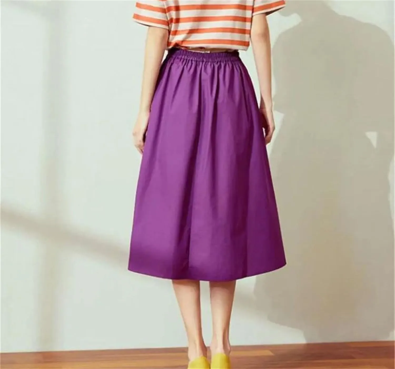 Women Cotton Midi Skirts Fashion Solid A-Line Elastic Waist Elegant Knee-Length Skirts