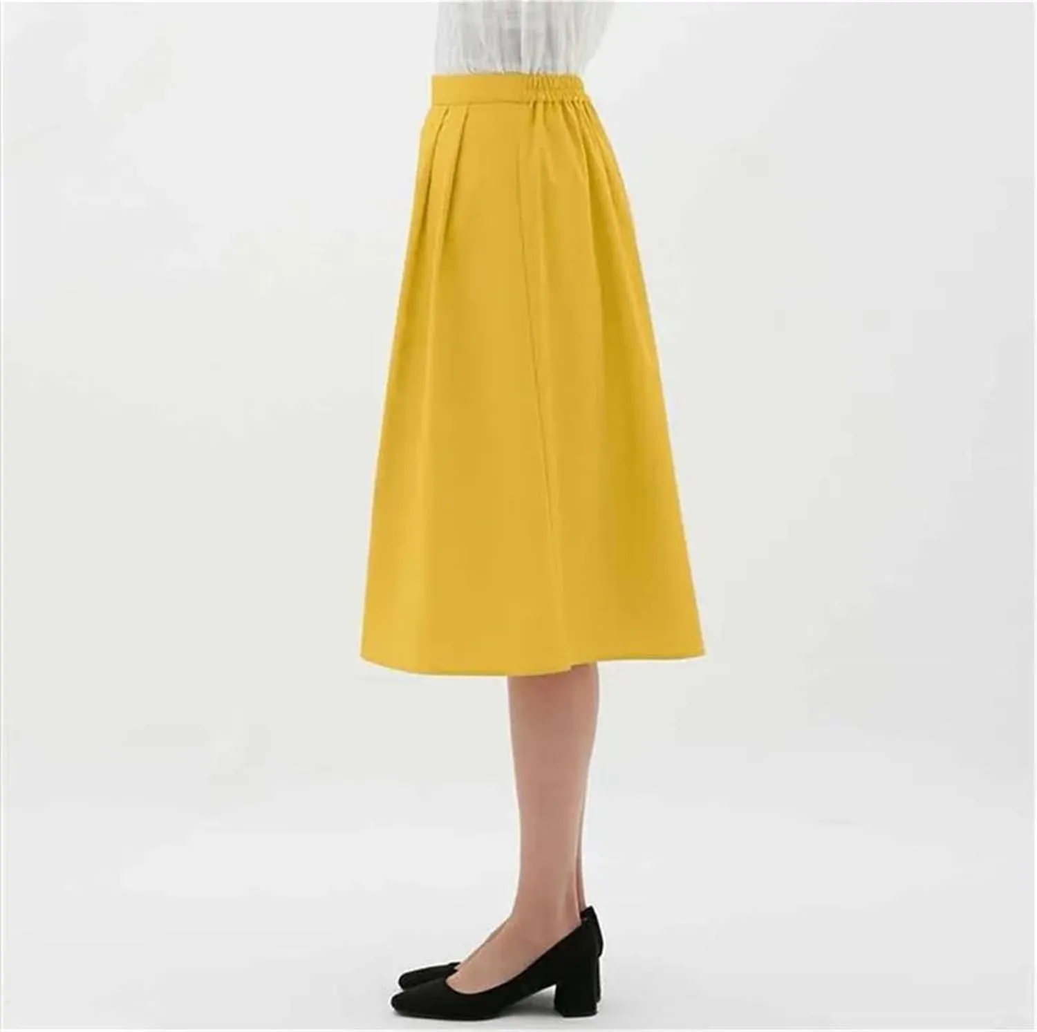 Women Cotton Midi Skirts Fashion Solid A-Line Elastic Waist Elegant Knee-Length Skirts