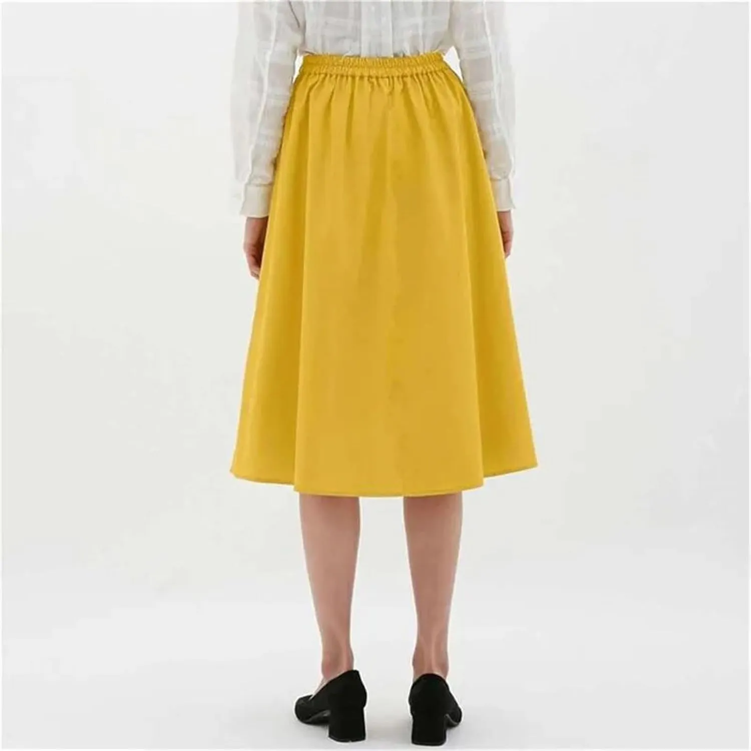 Women Cotton Midi Skirts Fashion Solid A-Line Elastic Waist Elegant Knee-Length Skirts