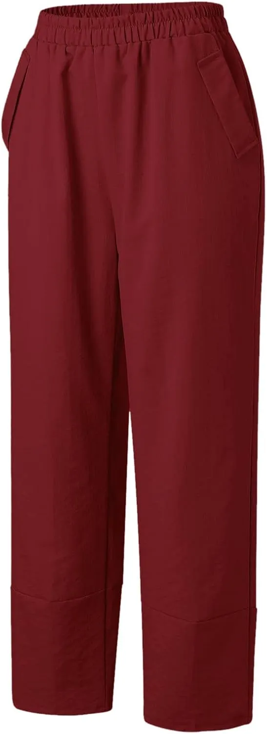 Women Linen Summer Flowy Palazzo Lounge Pants Elastic Waist Bootcut Slim Fit Trousers Trendy