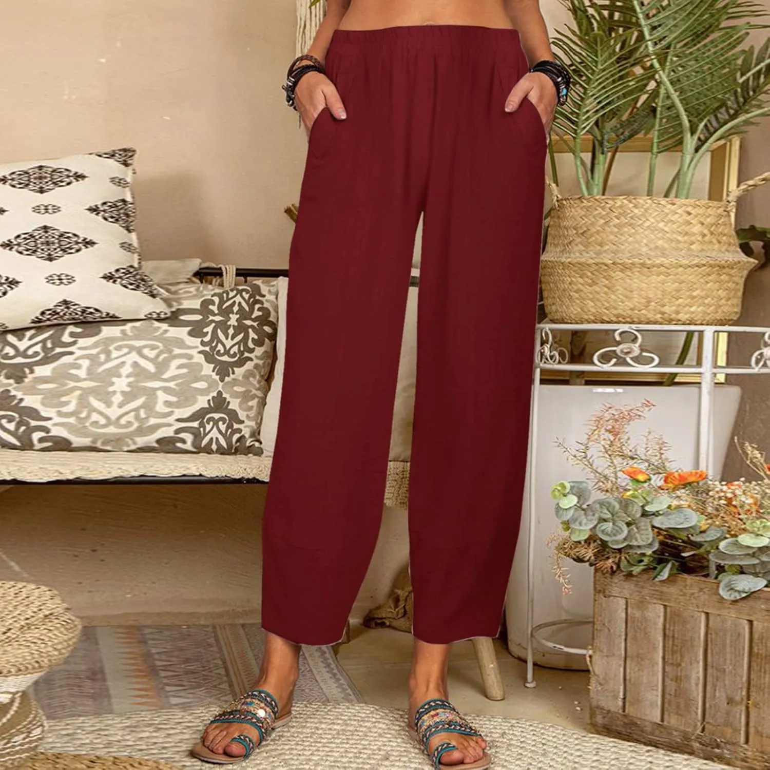 Women Linen Summer Flowy Palazzo Lounge Pants Elastic Waist Bootcut Slim Fit Trousers Trendy