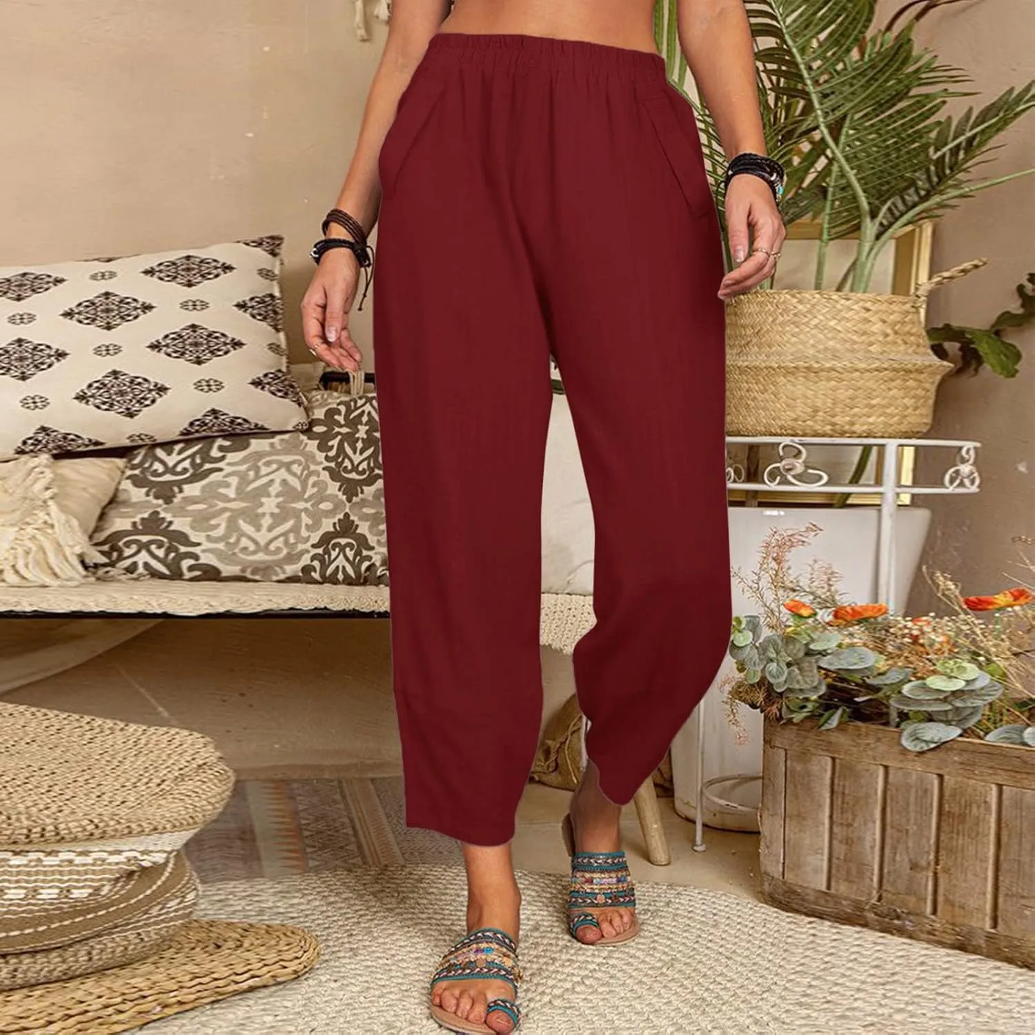 Women Linen Summer Flowy Palazzo Lounge Pants Elastic Waist Bootcut Slim Fit Trousers Trendy