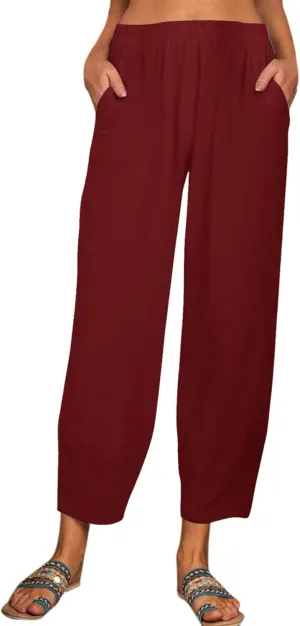 Women Linen Summer Flowy Palazzo Lounge Pants Elastic Waist Bootcut Slim Fit Trousers Trendy