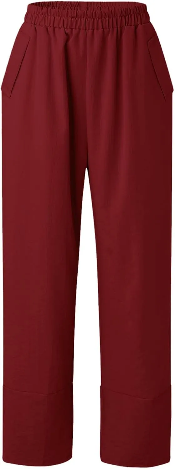 Women Linen Summer Flowy Palazzo Lounge Pants Elastic Waist Bootcut Slim Fit Trousers Trendy