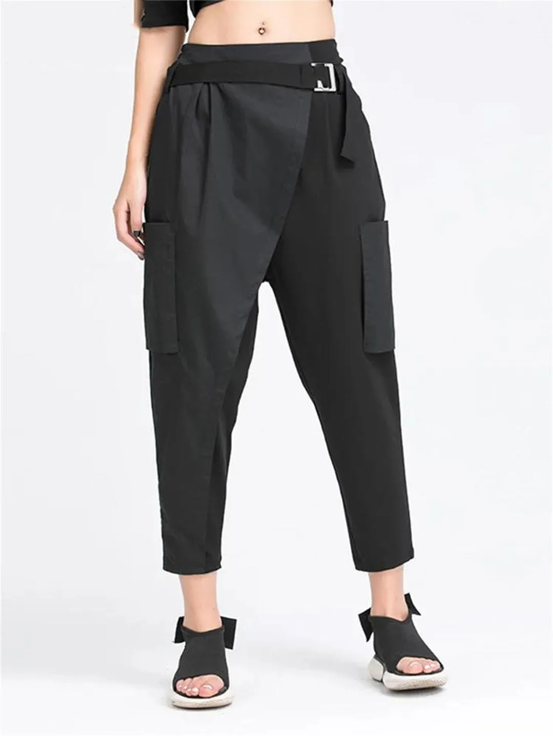 Women Loose High Elastic Waist Irregular Split Harem Trousers Fit Pants