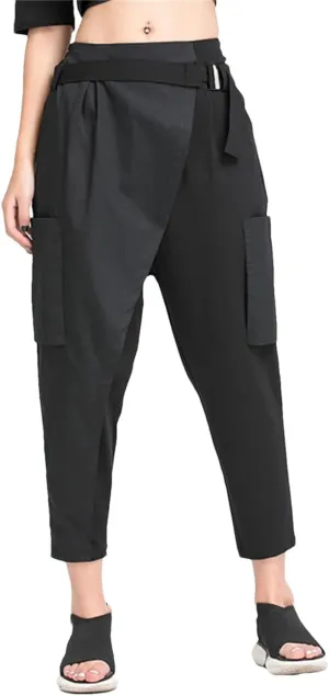 Women Loose High Elastic Waist Irregular Split Harem Trousers Fit Pants