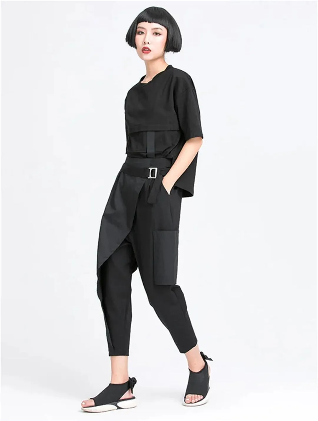 Women Loose High Elastic Waist Irregular Split Harem Trousers Fit Pants