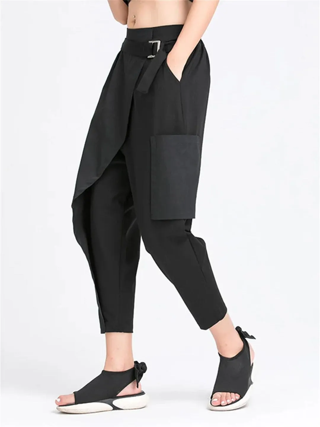 Women Loose High Elastic Waist Irregular Split Harem Trousers Fit Pants