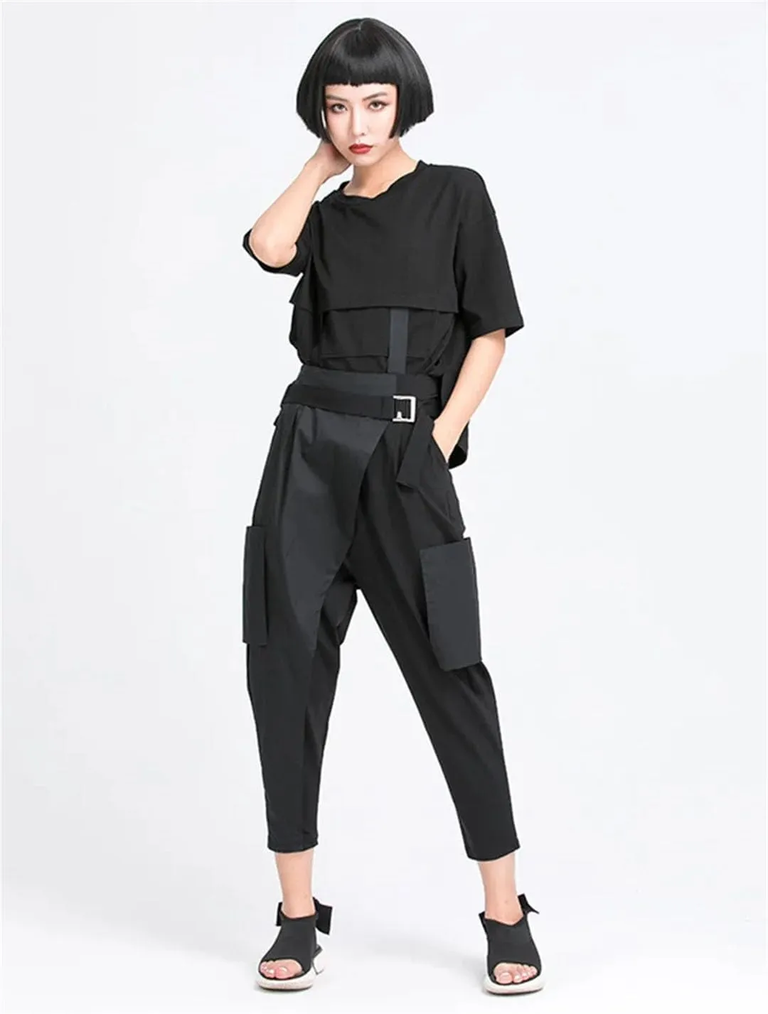 Women Loose High Elastic Waist Irregular Split Harem Trousers Fit Pants