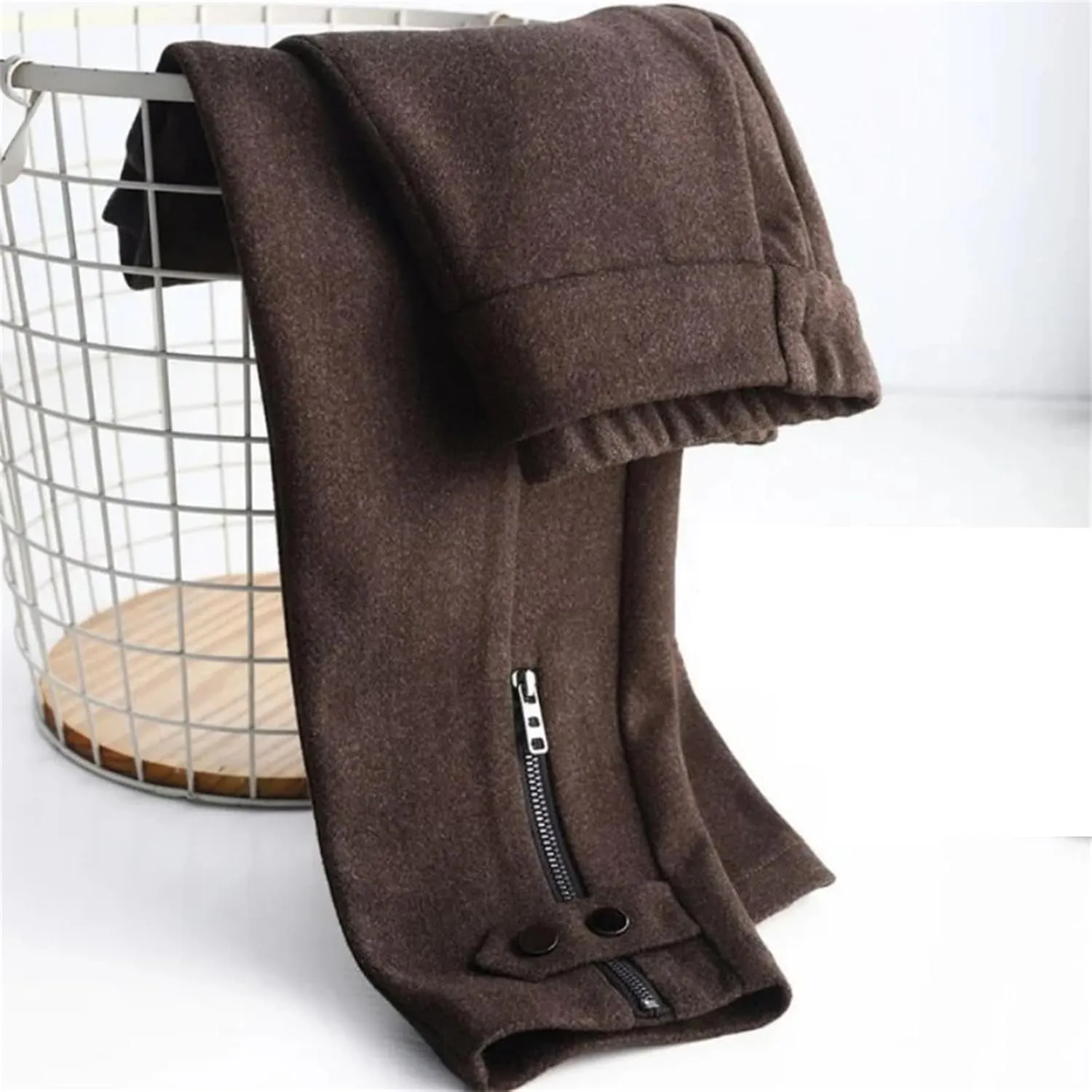 Women Office Zipper Wool Pencil Pants Slim Thicken Elastic Waist Solid Warm Harem Trousers