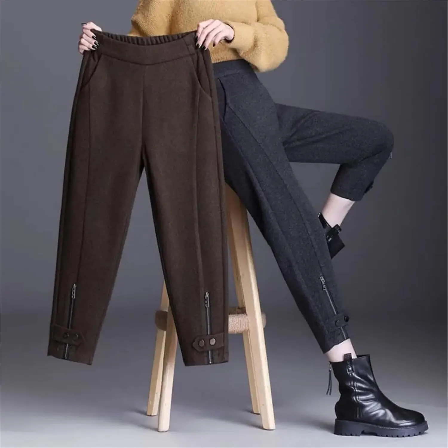 Women Office Zipper Wool Pencil Pants Slim Thicken Elastic Waist Solid Warm Harem Trousers