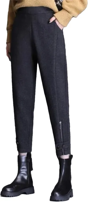 Women Office Zipper Wool Pencil Pants Slim Thicken Elastic Waist Solid Warm Harem Trousers