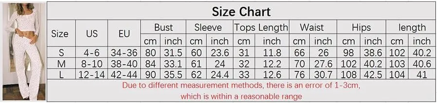 Women Pajama Set Print Long Sleeve Scoop Neck Crop Tops Elastic Waist Pants 2 Pcs Lounge Outfit