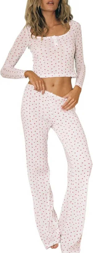 Women Pajama Set Print Long Sleeve Scoop Neck Crop Tops Elastic Waist Pants 2 Pcs Lounge Outfit