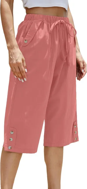 Women Pocket Pants Lightweight Wide Leg Drawstring Elastic Waist Yoga Lounge Cropped Pants