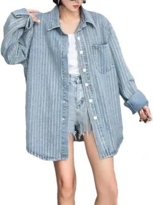 Women Rhinestones Denim Shirt for Autumn Loose Casual Long Sleeved Jeans Jacket Tops