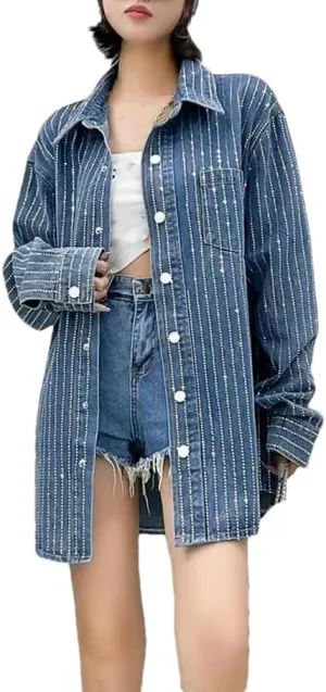 Women Rhinestones Denim Shirt for Autumn Loose Casual Long Sleeved Jeans Jacket Tops