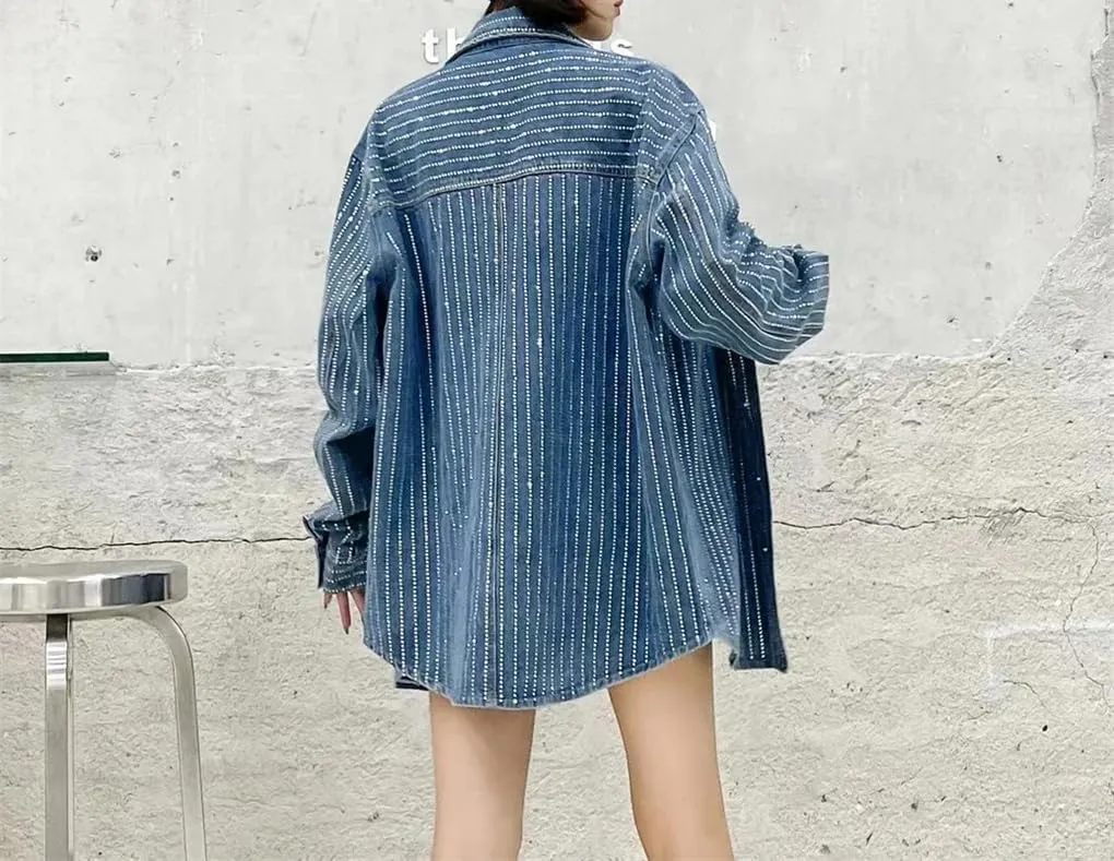 Women Rhinestones Denim Shirt for Autumn Loose Casual Long Sleeved Jeans Jacket Tops
