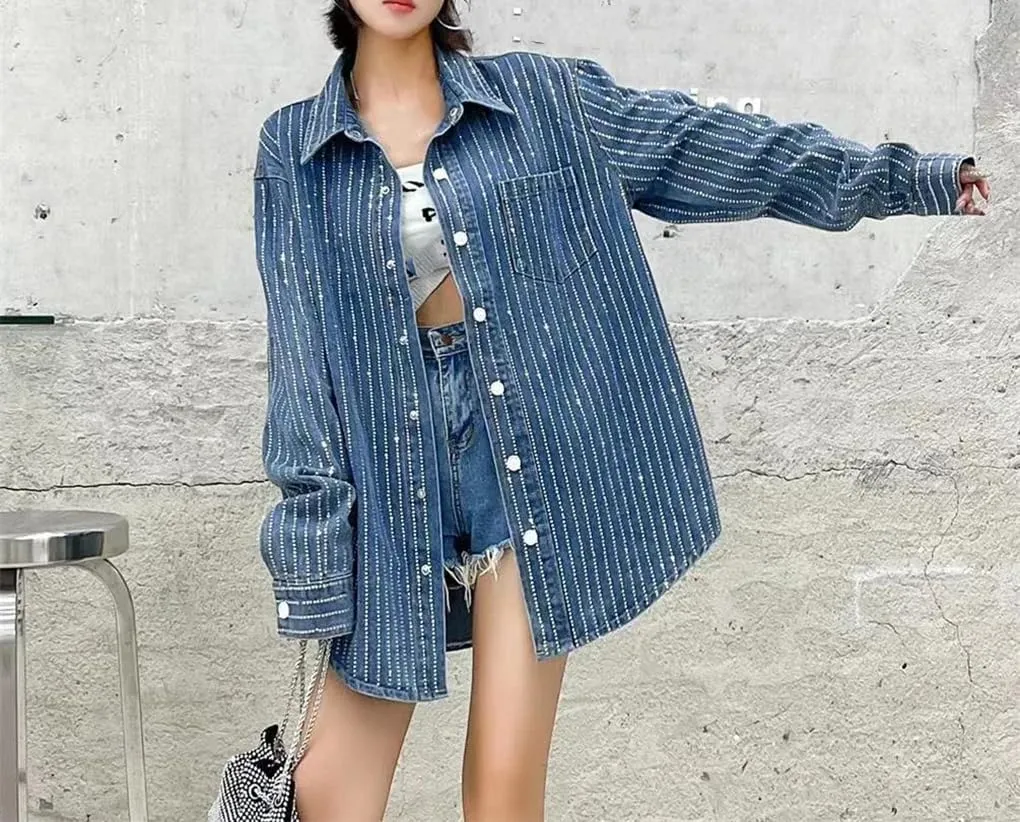 Women Rhinestones Denim Shirt for Autumn Loose Casual Long Sleeved Jeans Jacket Tops