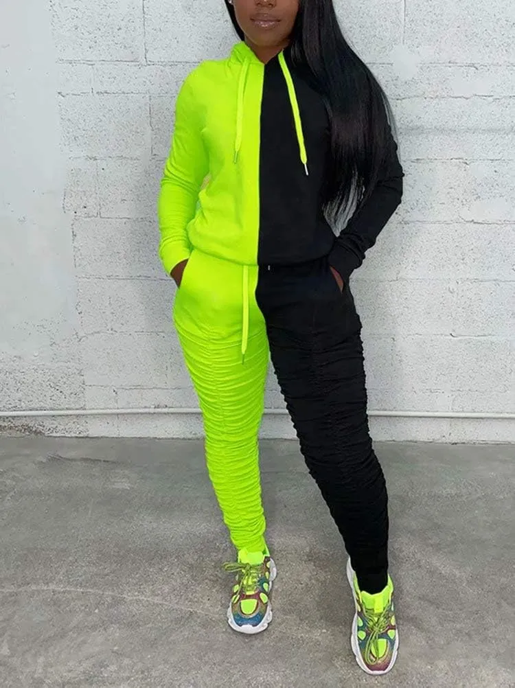Women Sexy 2 Piece Outfits Long Sleeve Color Block Hoodies Sweatshirt Bodycon Ruched Long Pants Tracksuit Set