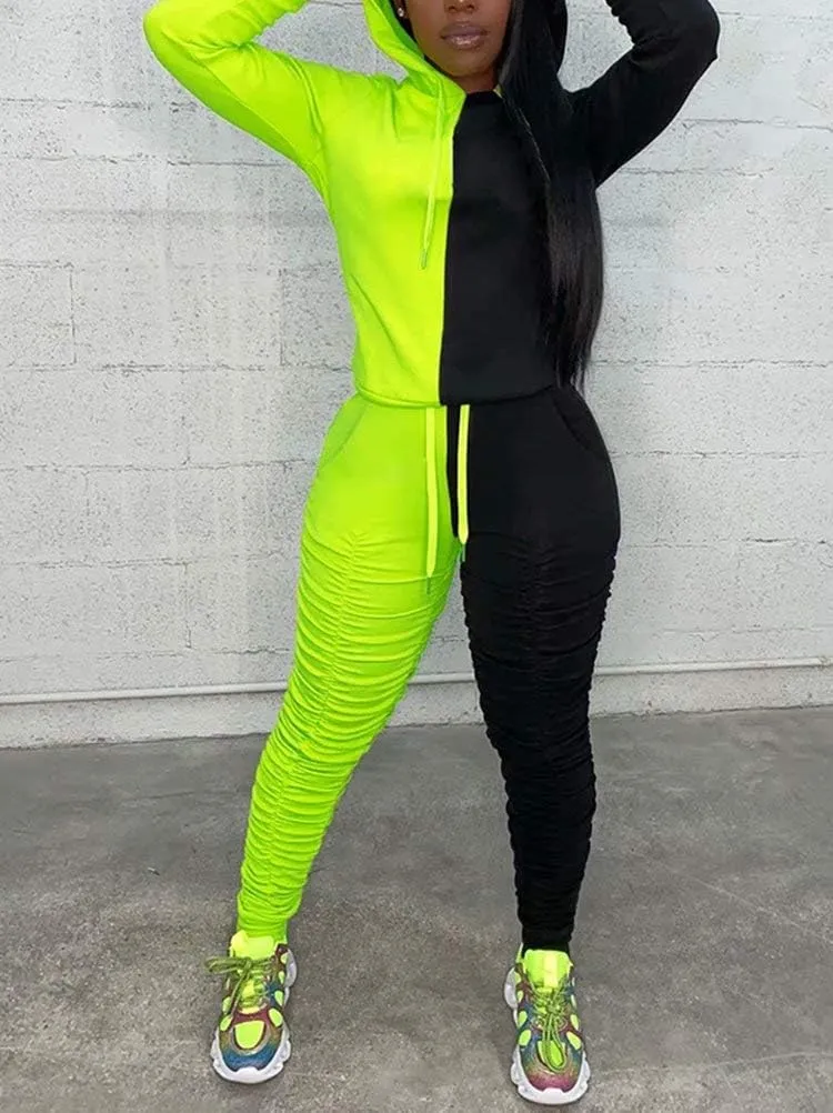 Women Sexy 2 Piece Outfits Long Sleeve Color Block Hoodies Sweatshirt Bodycon Ruched Long Pants Tracksuit Set