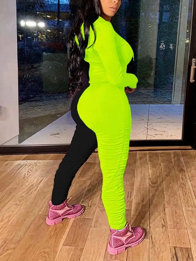 Women Sexy 2 Piece Outfits Long Sleeve Color Block Hoodies Sweatshirt Bodycon Ruched Long Pants Tracksuit Set
