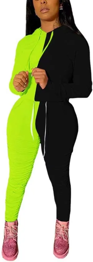 Women Sexy 2 Piece Outfits Long Sleeve Color Block Hoodies Sweatshirt Bodycon Ruched Long Pants Tracksuit Set