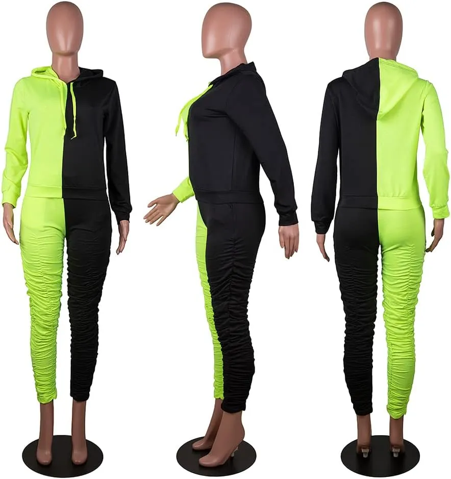 Women Sexy 2 Piece Outfits Long Sleeve Color Block Hoodies Sweatshirt Bodycon Ruched Long Pants Tracksuit Set