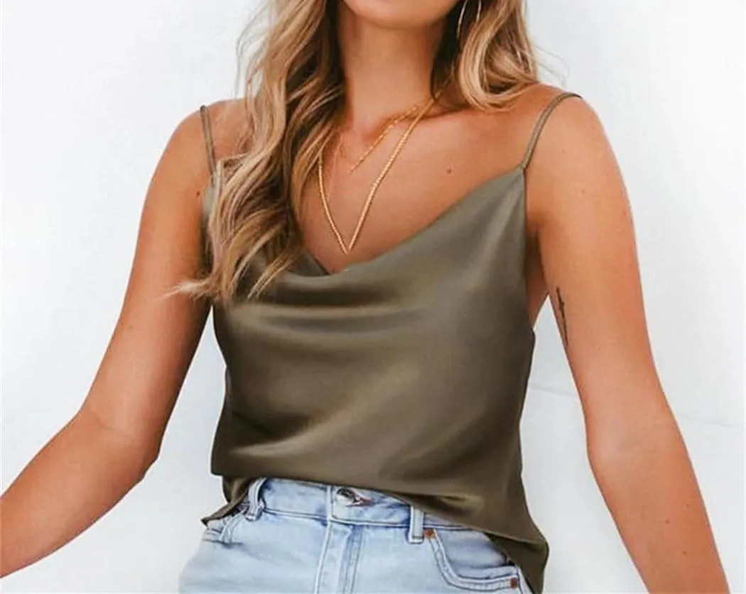 Women Silk Satin Vest Summer Casual Spaghetti Camisole Sleeveless Going Out Beach Basic Tops