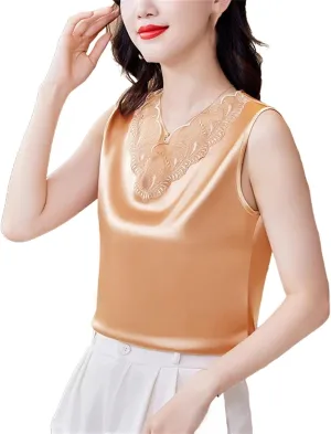Women Spring Satin Camisole Shirt Sleeveless Tank top V-Neck Sexy Patchwork Lace Vest Tops