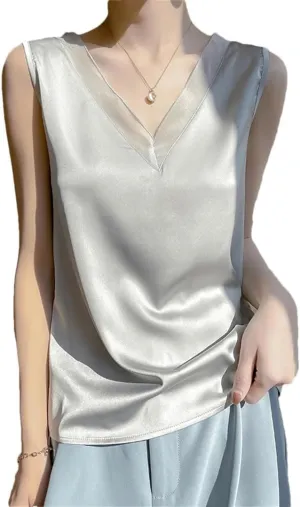 Women Strap Top Halter V Neck Basic Cami Sleeveless Satin Silk Tank Tops Camisole