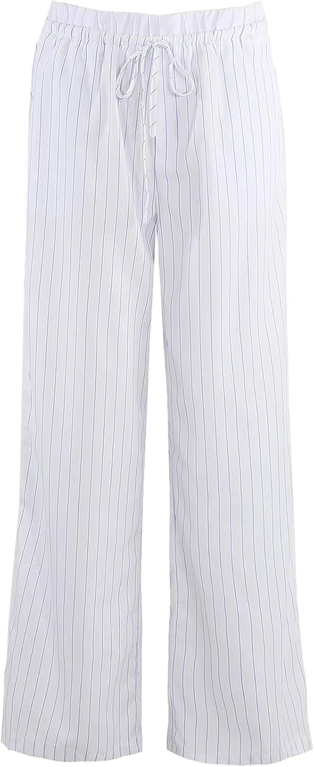 Women Striped Pants Fake Two-Piece High Waist Drawstring Straight Leg Trousers with Pockets