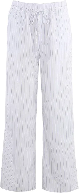 Women Striped Pants Fake Two-Piece High Waist Drawstring Straight Leg Trousers with Pockets