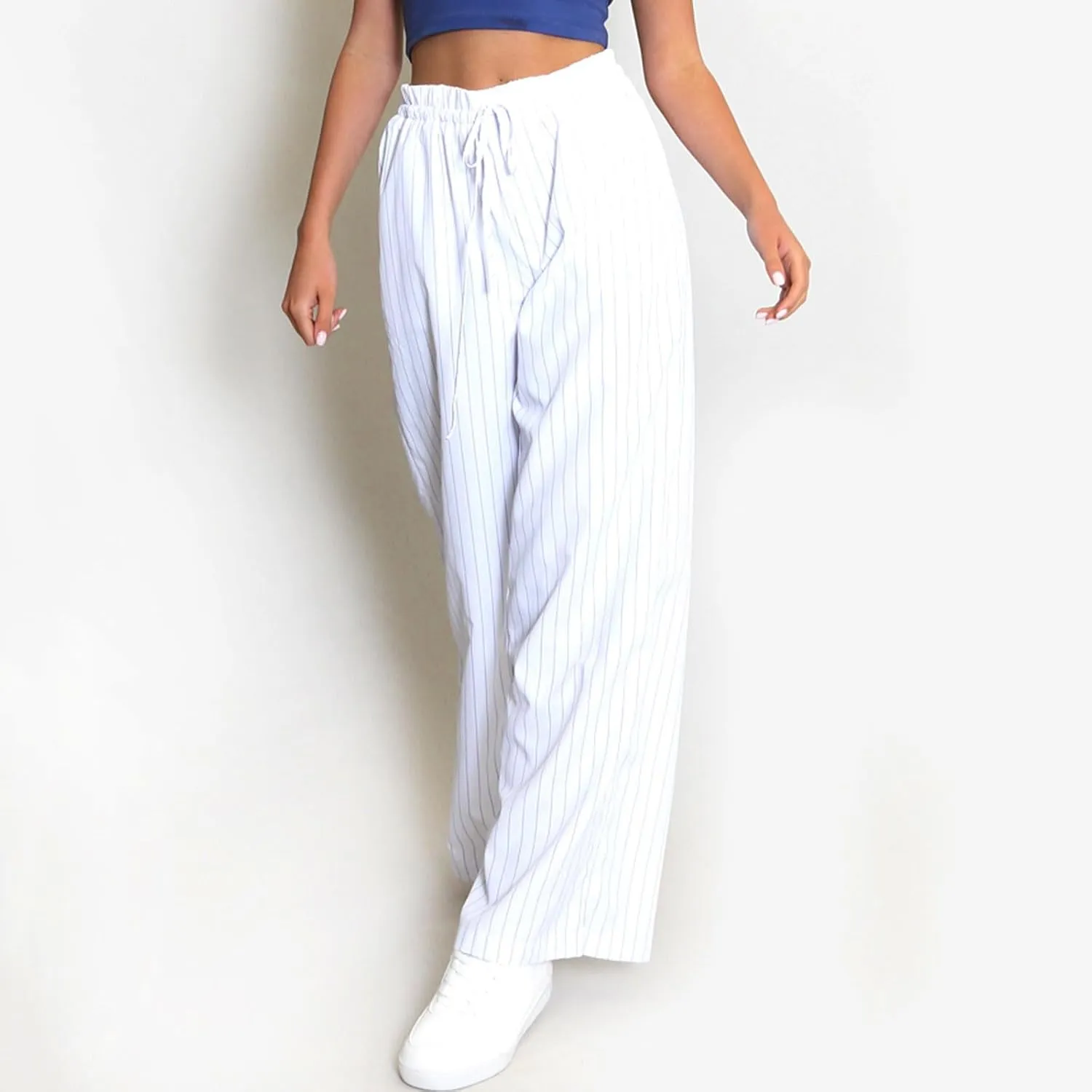 Women Striped Pants Fake Two-Piece High Waist Drawstring Straight Leg Trousers with Pockets