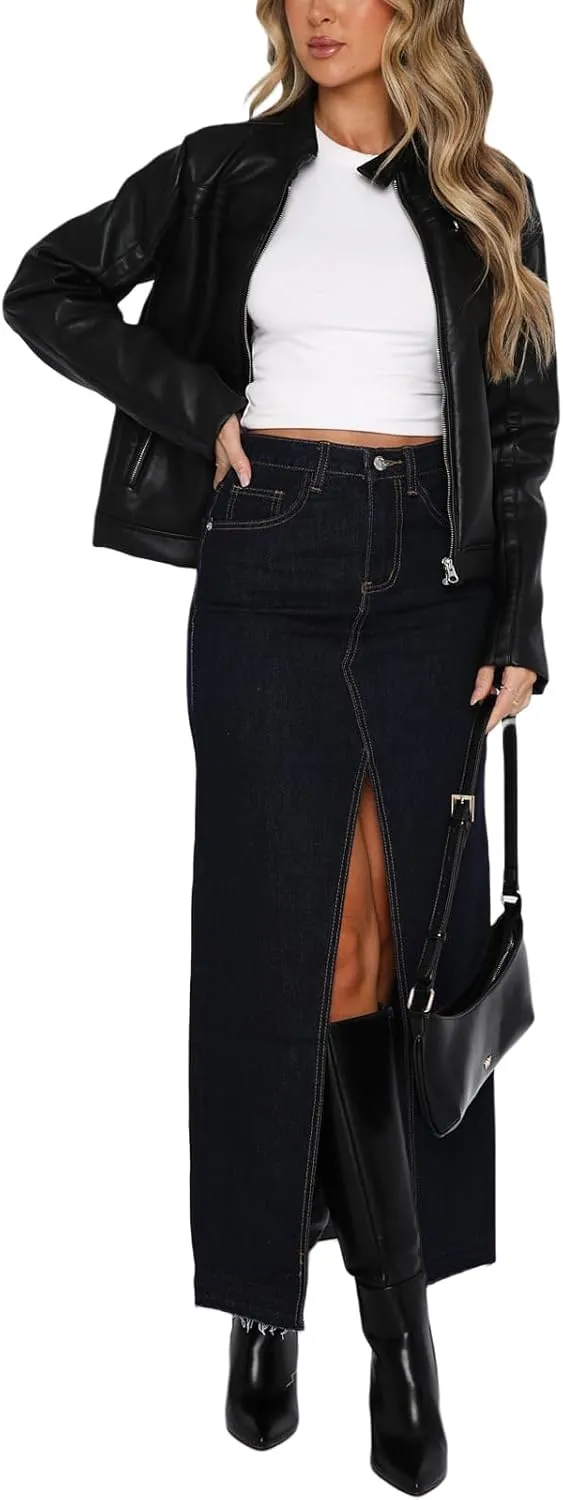 Women Summer Casual High Waisted Denim Skirt Y2k Wrap Split Front Maxi Skirt Long Jean Skirt with Pocket