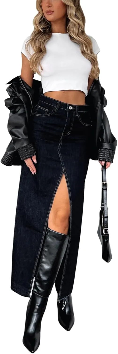 Women Summer Casual High Waisted Denim Skirt Y2k Wrap Split Front Maxi Skirt Long Jean Skirt with Pocket