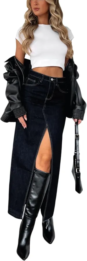 Women Summer Casual High Waisted Denim Skirt Y2k Wrap Split Front Maxi Skirt Long Jean Skirt with Pocket
