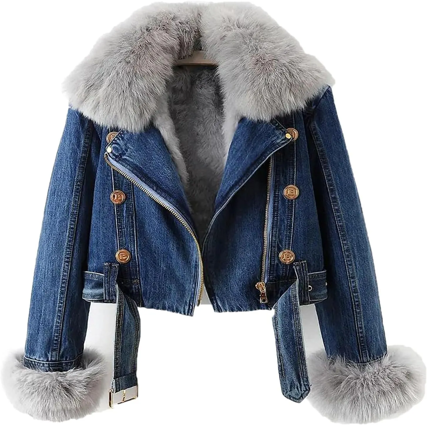 Women Warm Fur Collar Rabbit Fur Liner Denim Jacket Casual Winter Removable Liner Cropped Top