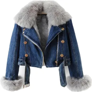 Women Warm Fur Collar Rabbit Fur Liner Denim Jacket Casual Winter Removable Liner Cropped Top