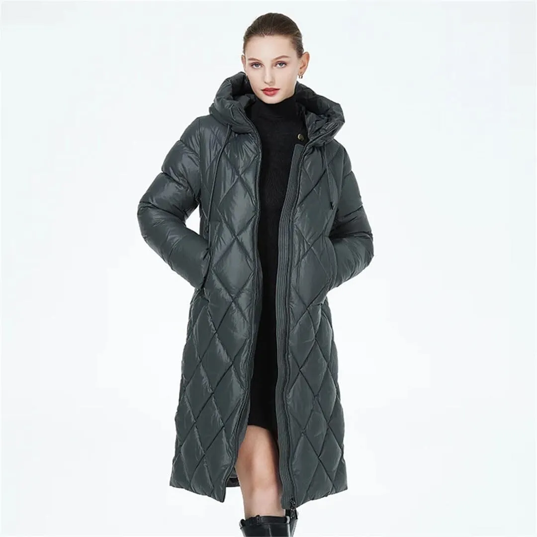 Women Winter Diamond Quilted Jacket Lengthened Style Padded Parka Thickened Warm Cotton Coat